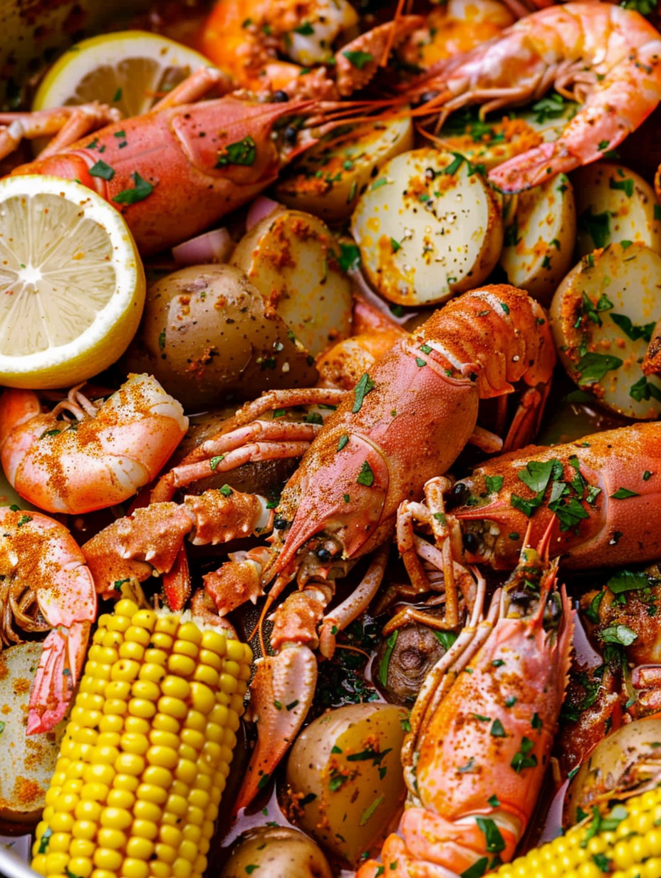 Close up of garlic butter sauce over seafood