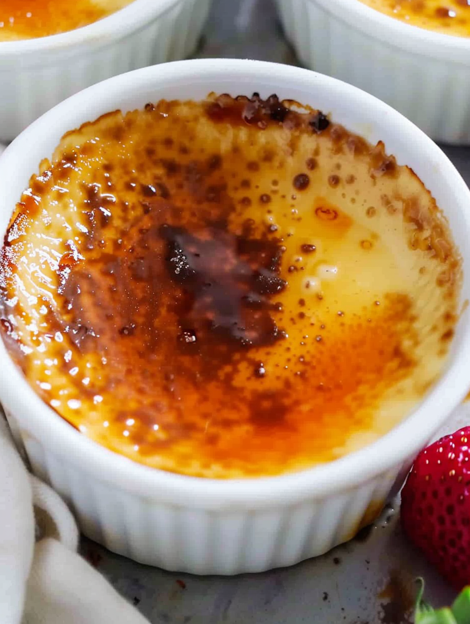 Spoon breaking the caramelized sugar on crème brûlée