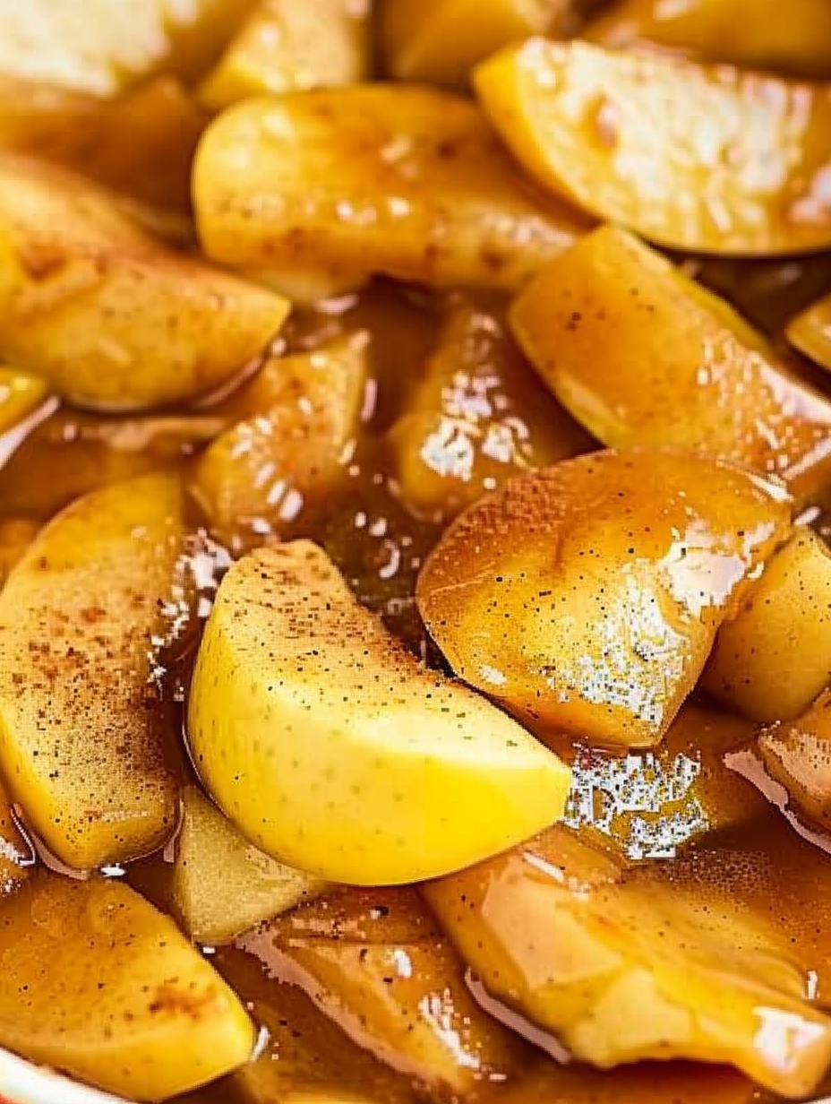 Sliced fried apples in a skillet