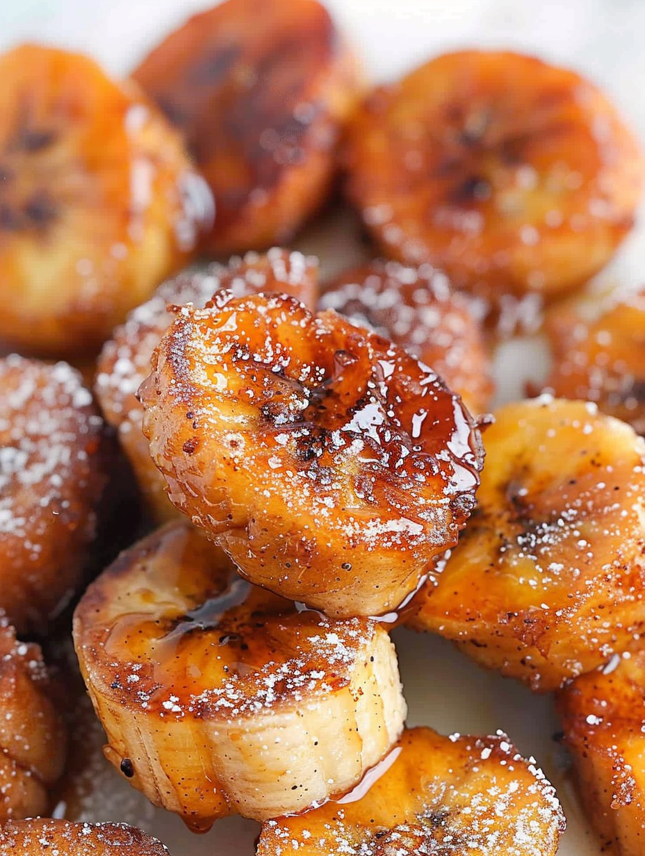 Spoon scooping caramelized bananas over ice cream