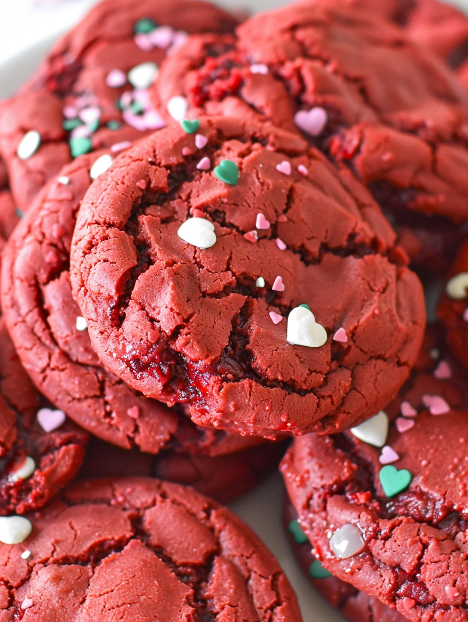 Baked red velvet cookies cooling on wire rack with heart sprinkles