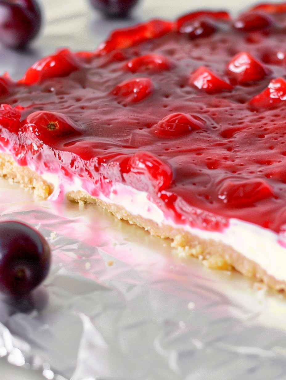 Close up of raspberry glaze being spooned over fruit