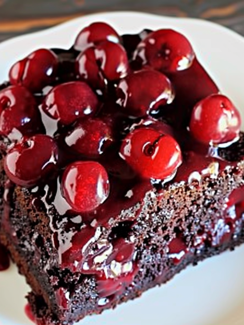 Slice of chocolate cherry cake plated with a fork