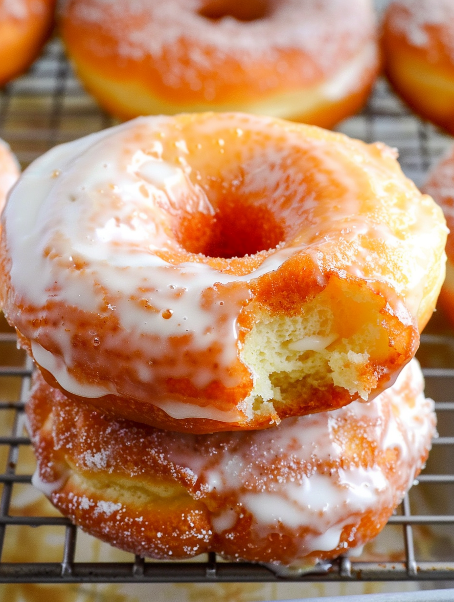 Glazed sour cream donuts cooling on rack