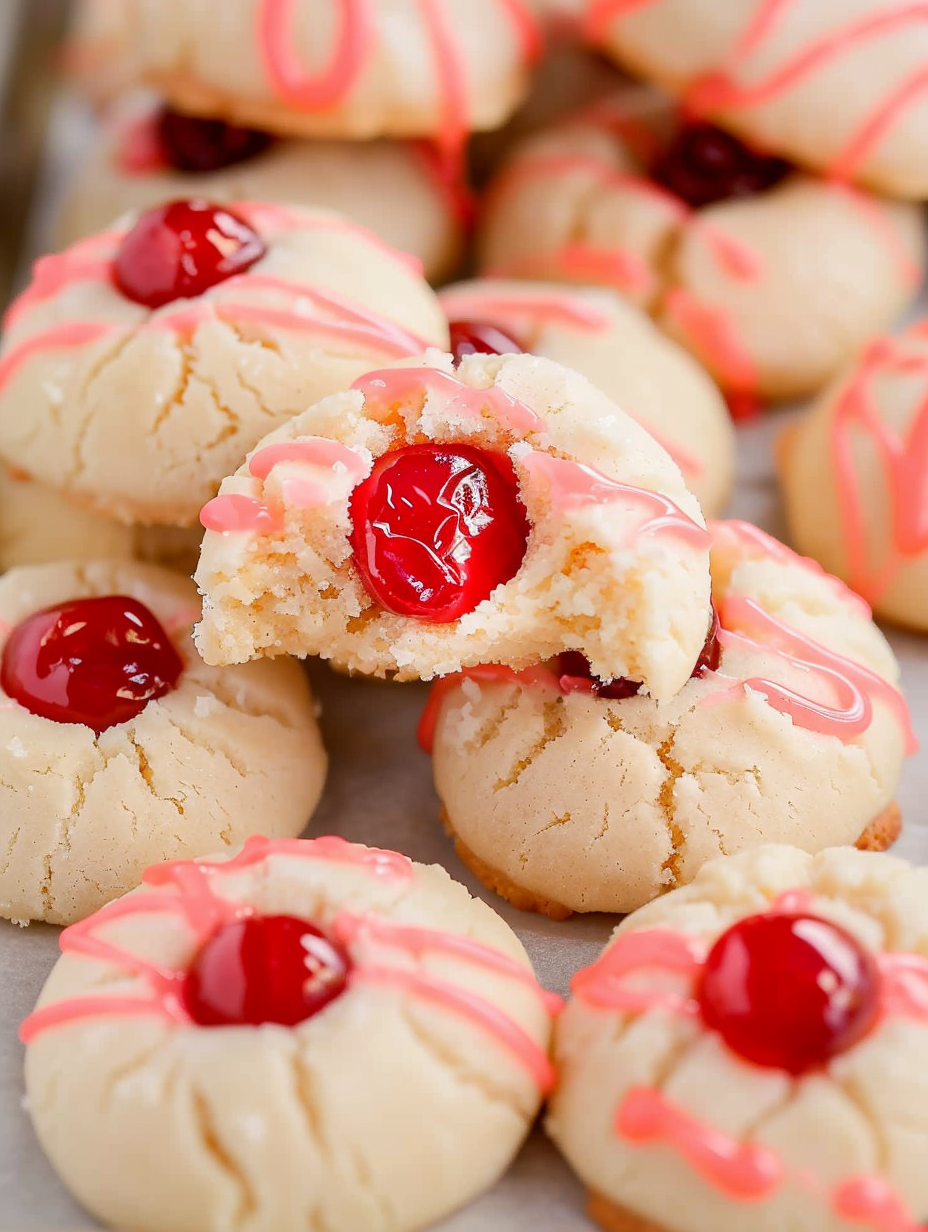 Cherry shortbread cookies on a baking sheet with pink icing