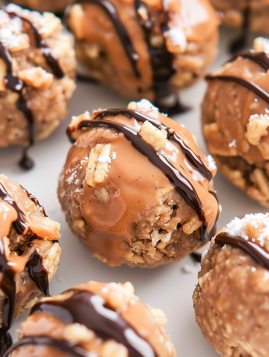 Close-up of a Muddy Buddy Protein Cookie with powdered sugar and chocolate drizzle
