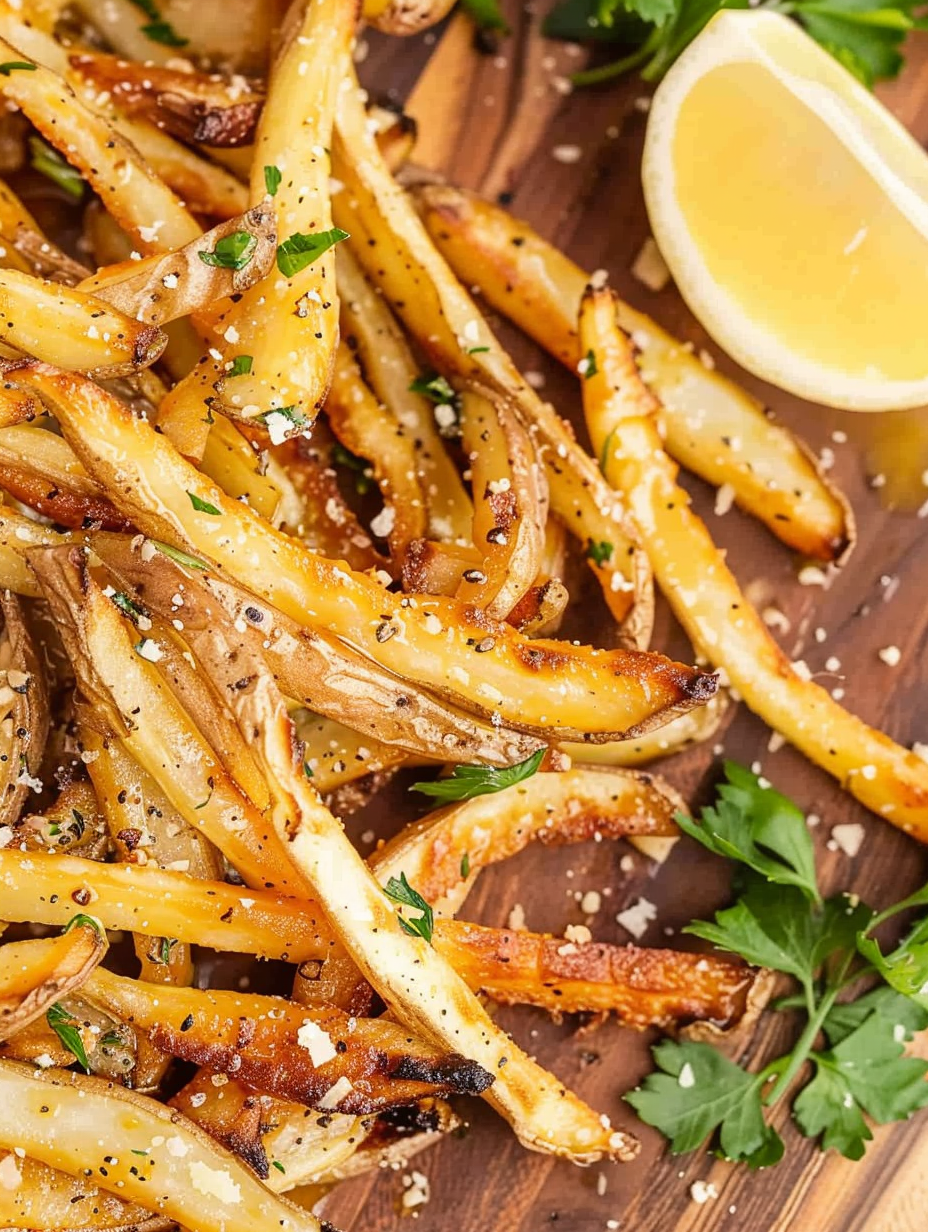 Bowl of fries tossed with Parmesan and parsley