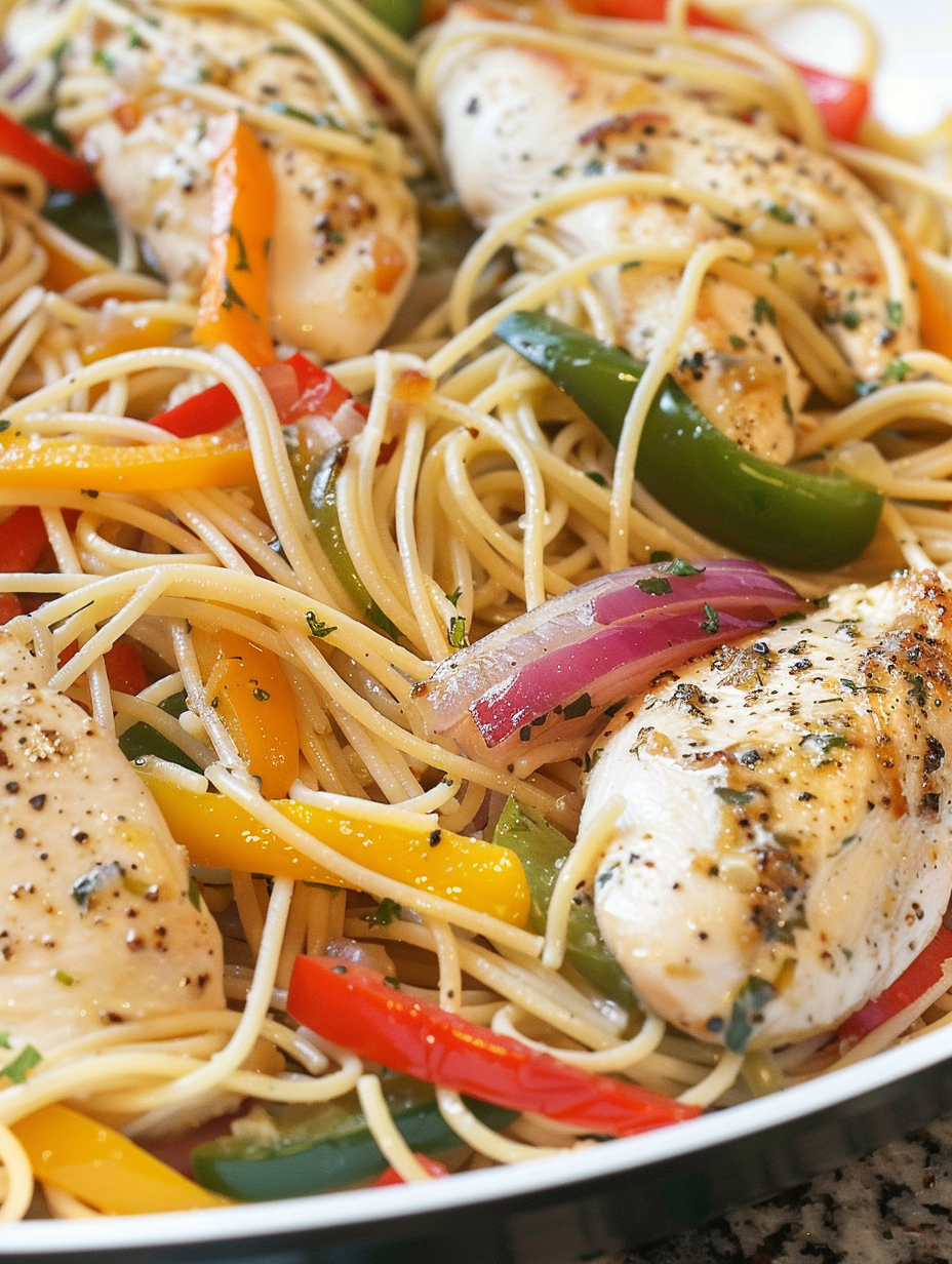 Skillet with chicken scampi and rainbow peppers