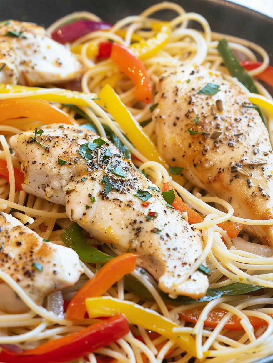 Close up of pasta tossed in lemon butter sauce