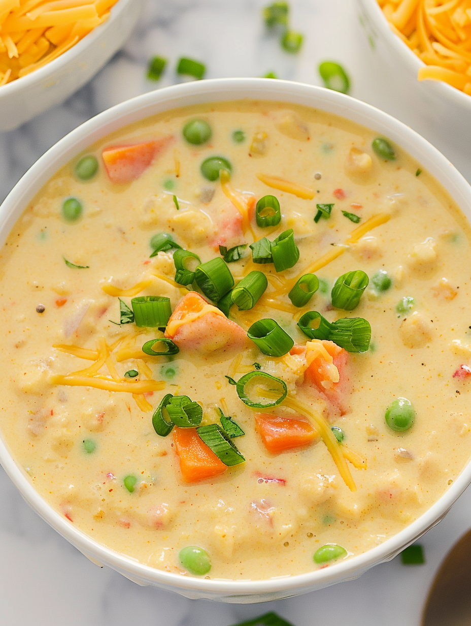 Close-up of chowder showing texture and peas