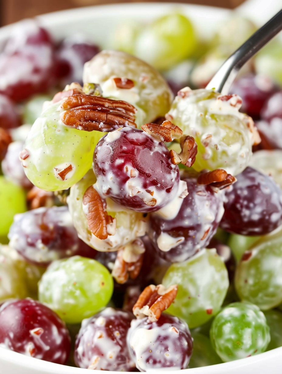 Creamy grape salad in a white bowl topped with brown sugar and pecans