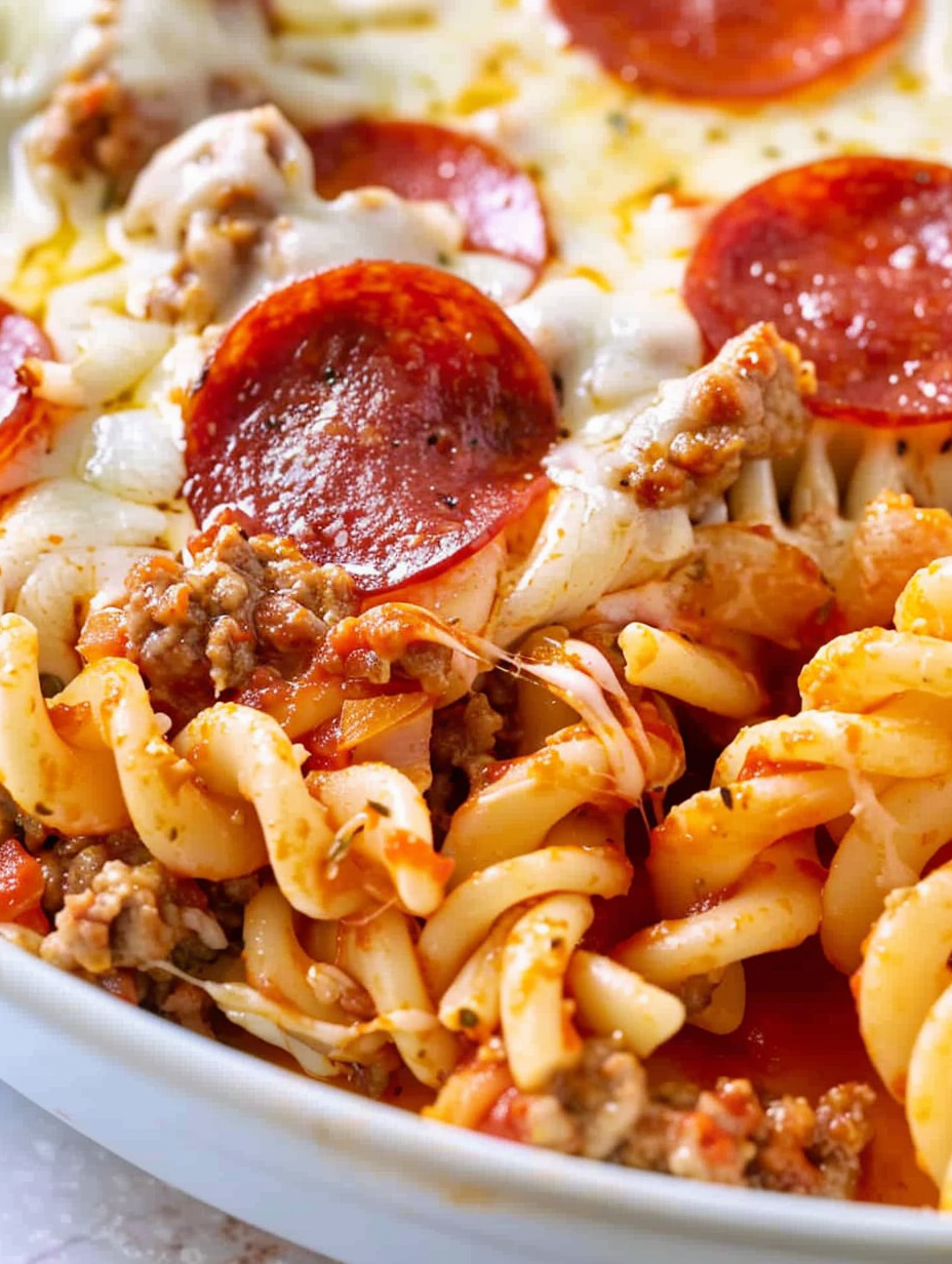 Close-up of cheesy baked pasta being scooped