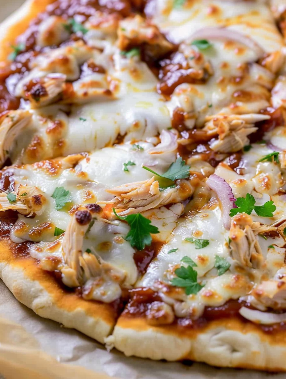 BBQ chicken pizza on parchment in oven
