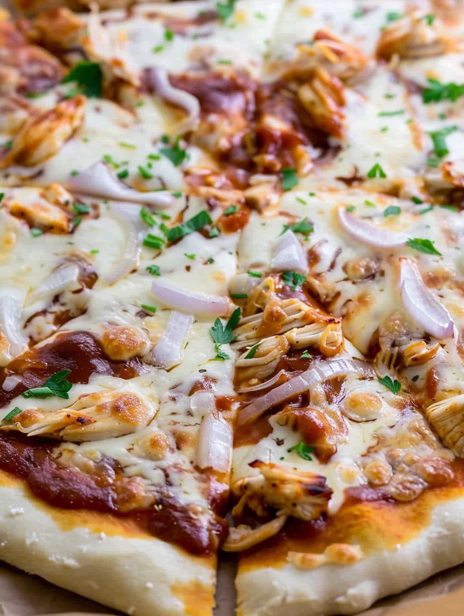 Sliced BBQ chicken pizza with garnish