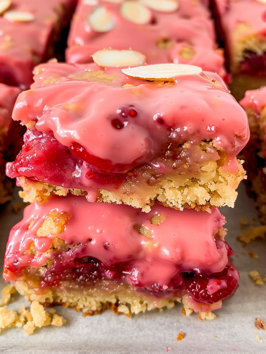 White chocolate raspberry blondies with sliced almonds on top