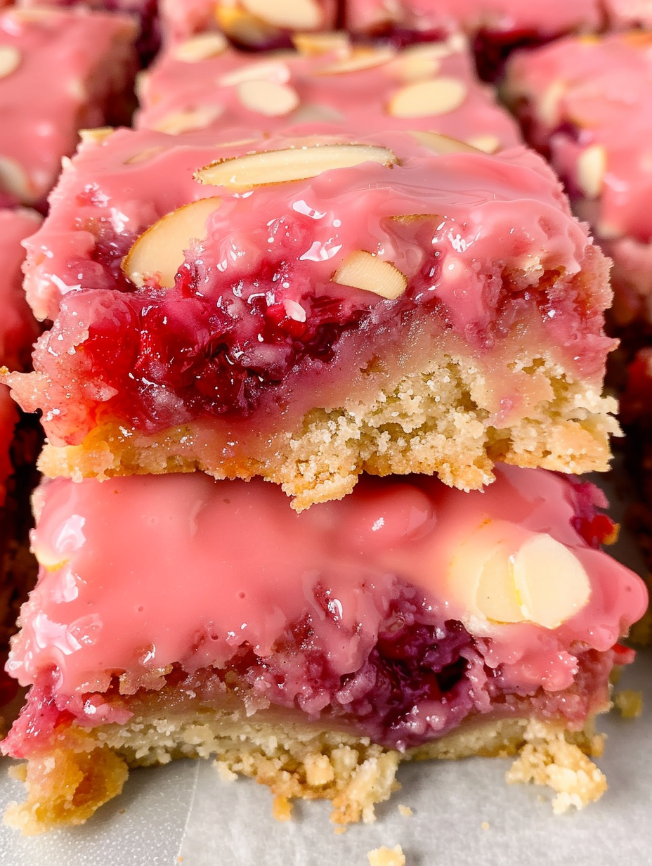 Close-up of blondie slice showing raspberry swirl