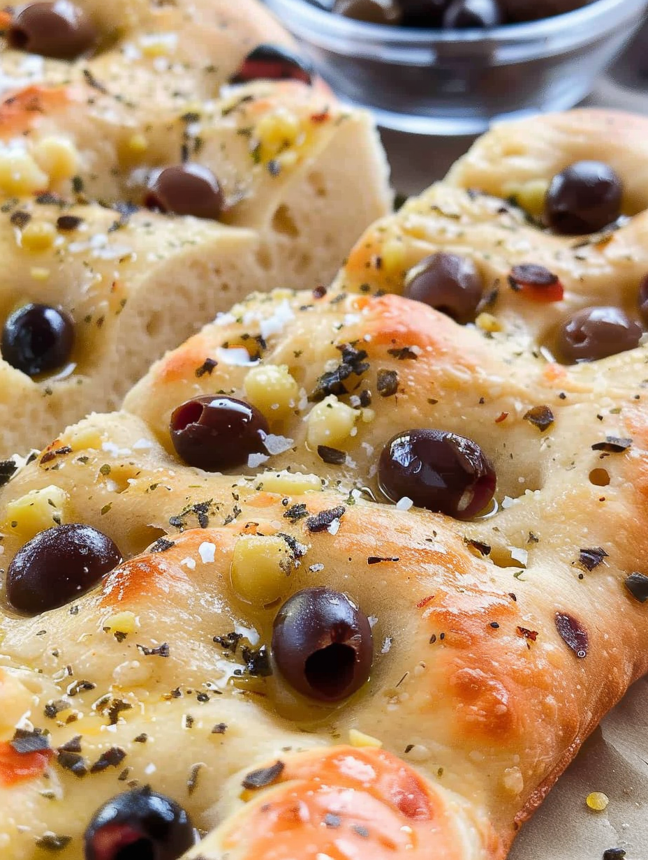 Olive focaccia on a tray with golden crust