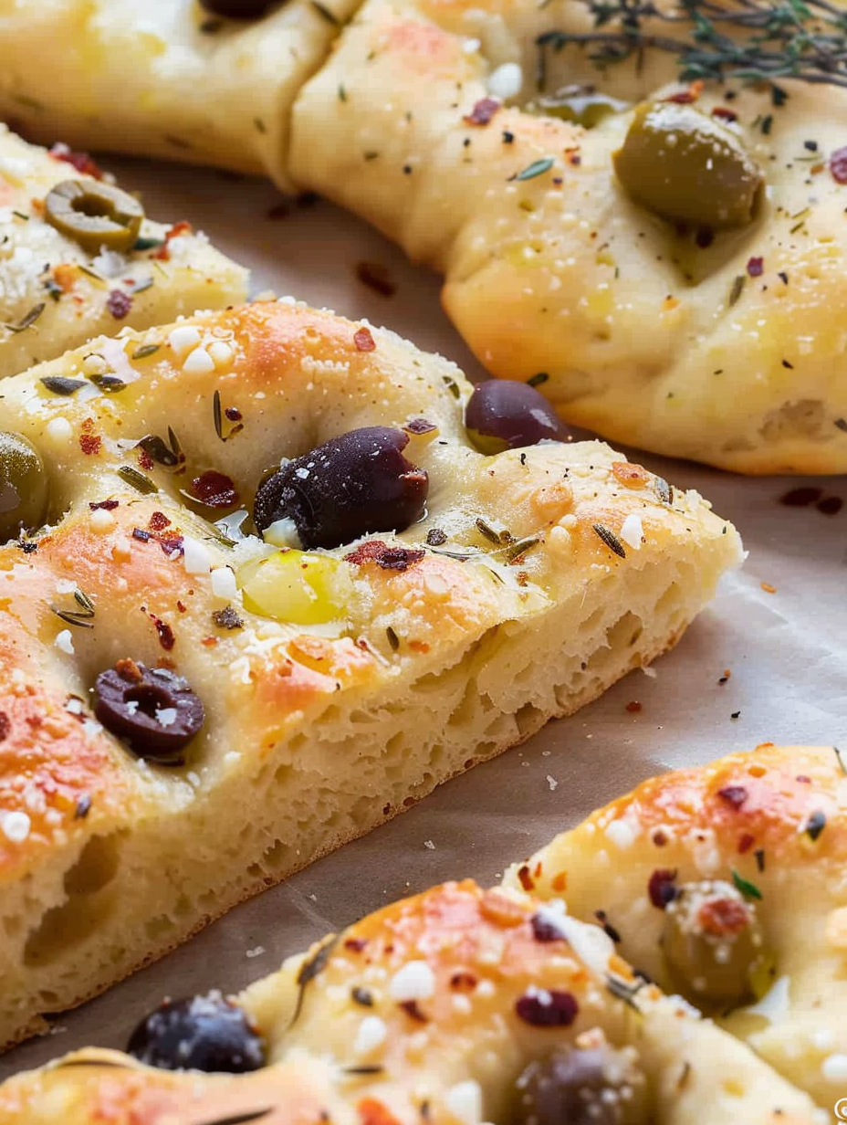 Close up of focaccia dimples filled with olive oil