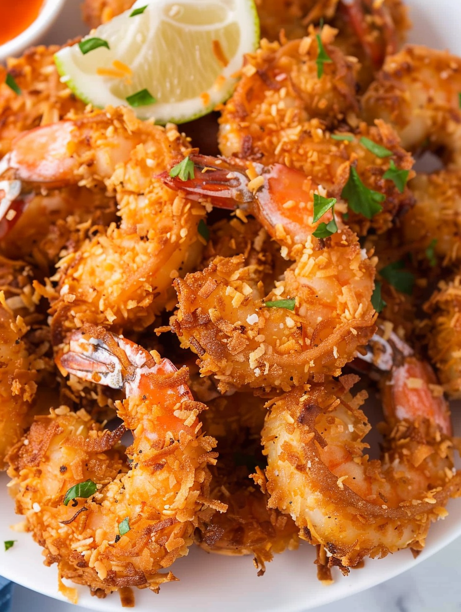 Fried coconut shrimp plated with dipping sauce