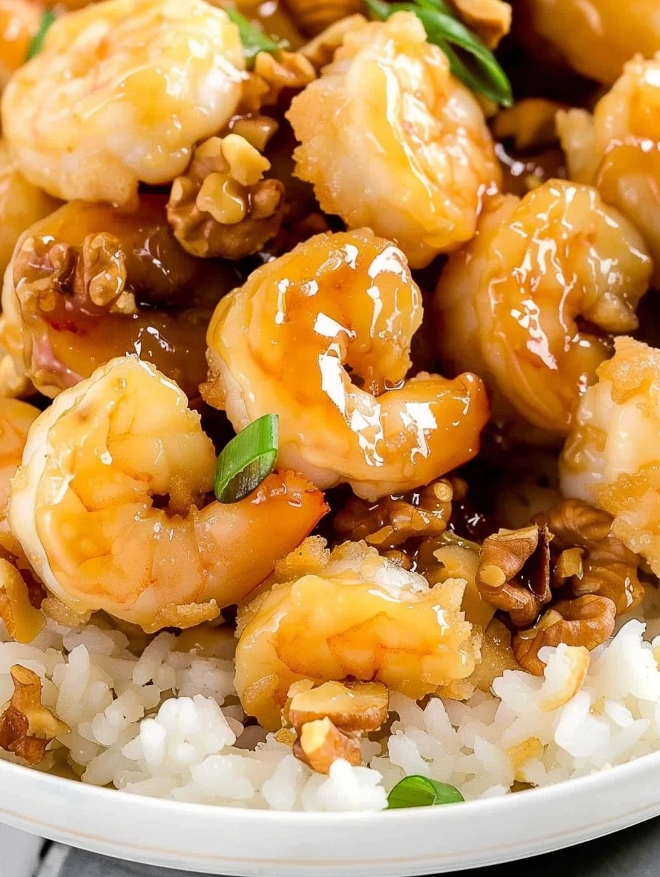 Crispy honey walnut shrimp plated over rice