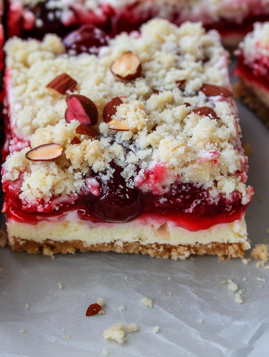 Cherry cheesecake bars in an 8x8 pan with almond crumble