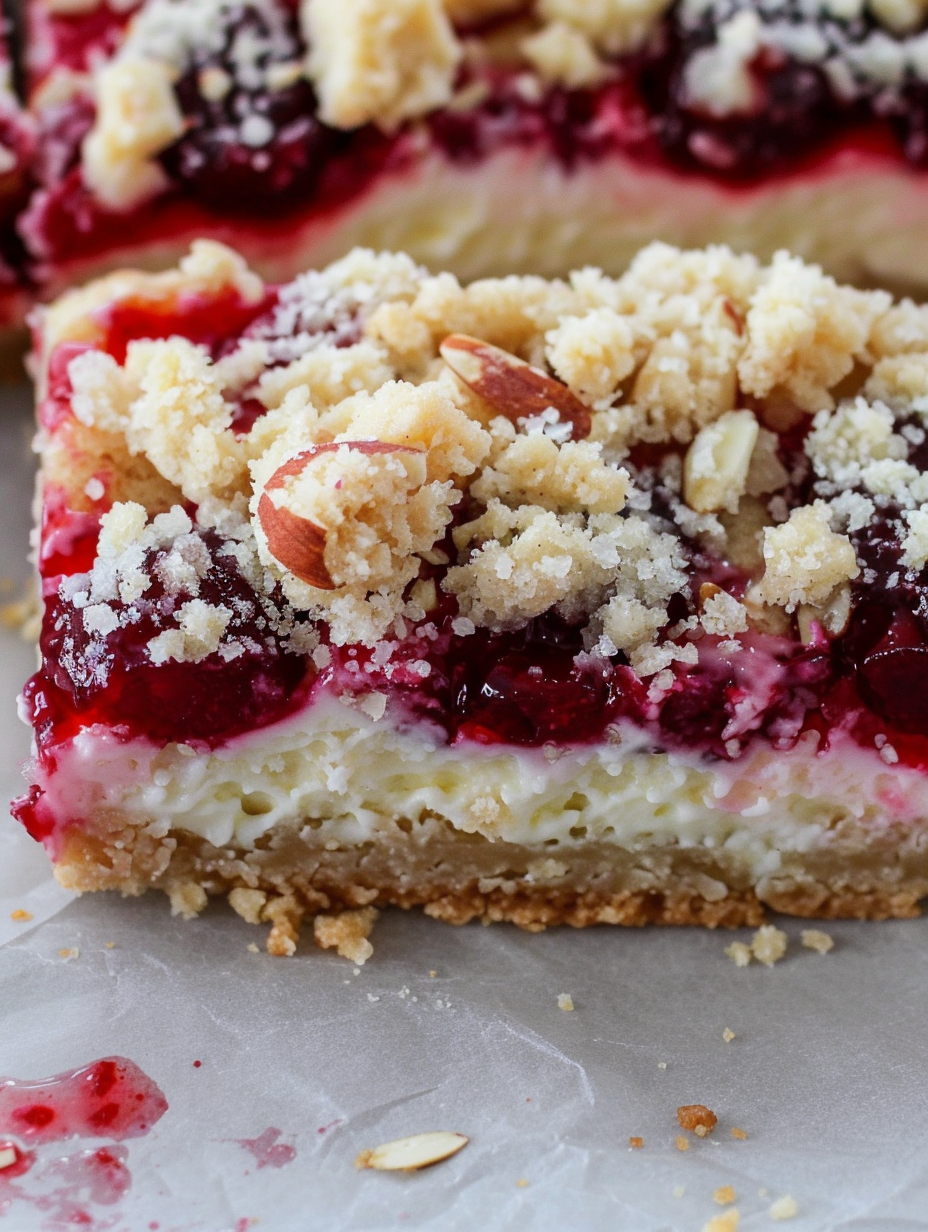 Close up of a Christmas cheesecake bar showing layers