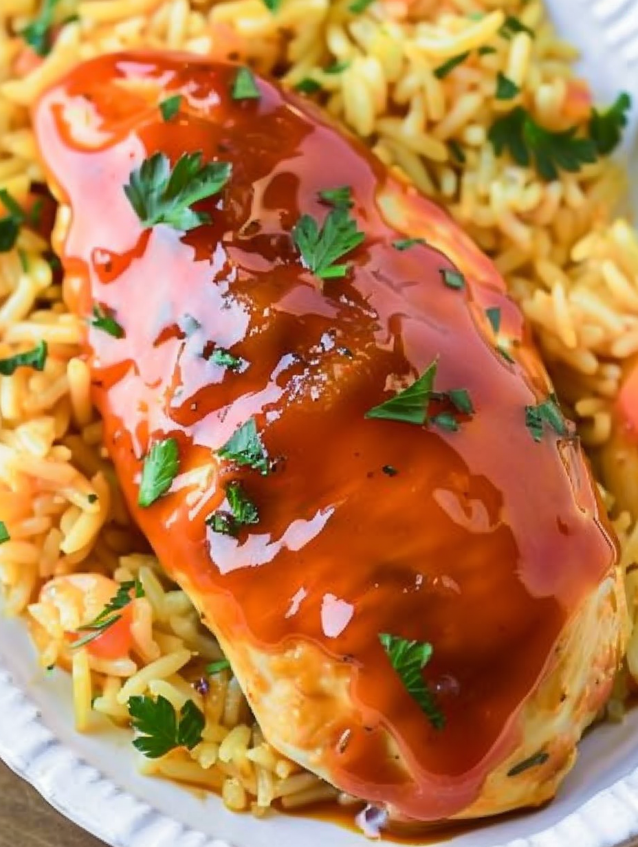 Baked Catalina Chicken in baking dish with glaze