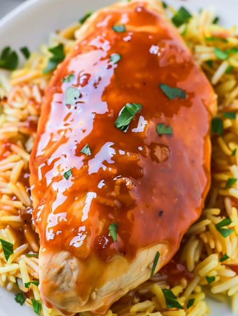 Close-up of glazed chicken on a serving plate