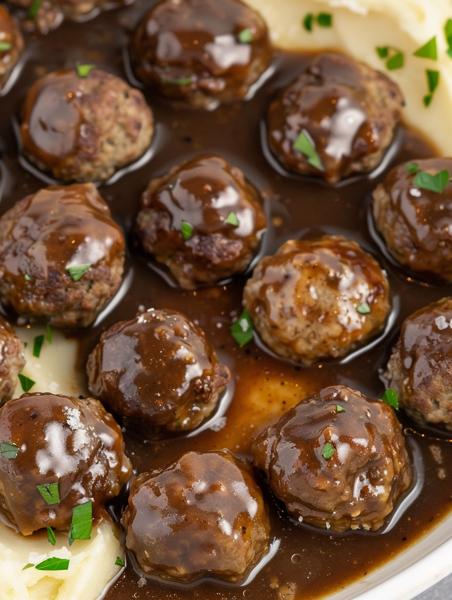 Plated smothered meatballs over mashed potatoes with parsley garnish