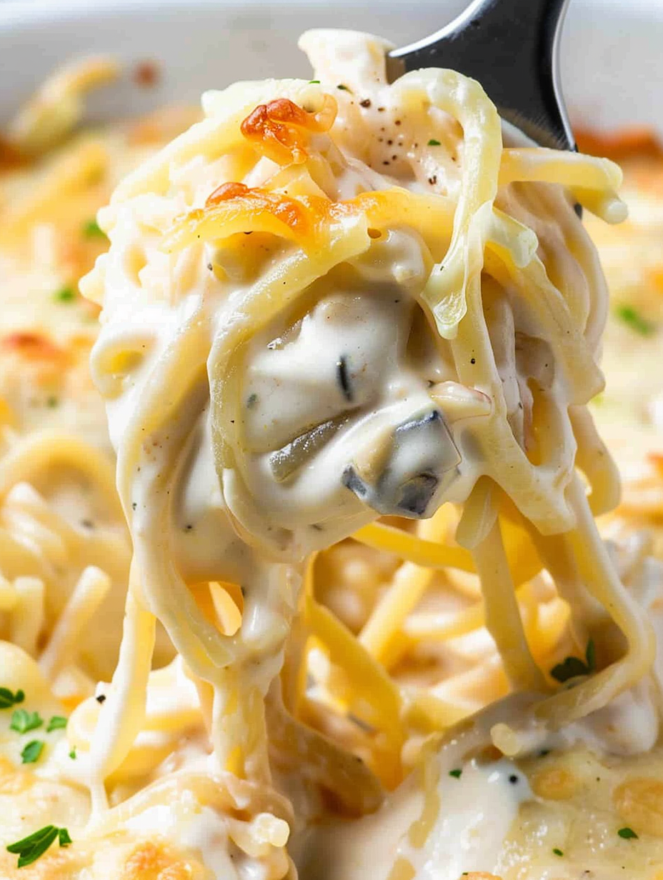 Creamy chicken tetrazzini baked in a glass dish with golden cheese