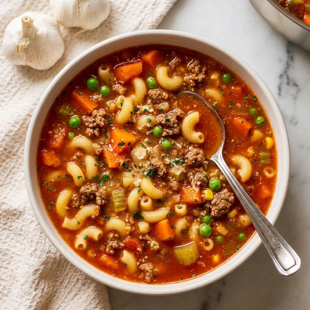Simmering ground beef pasta soup in a pot