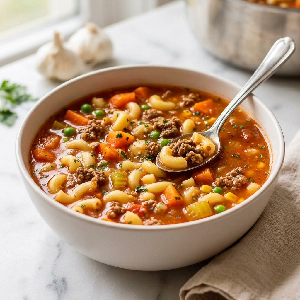 Bowl of ground beef pasta soup topped with pepper