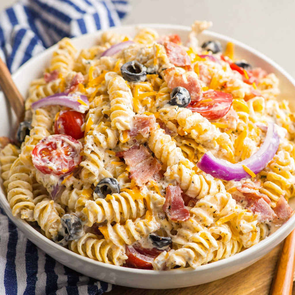 Close up of rotini coated in creamy dressing with bacon