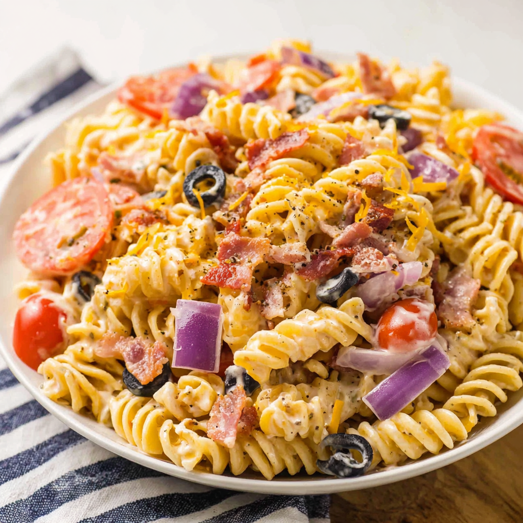 Bowl of creamy bacon ranch pasta salad with colorful vegetables