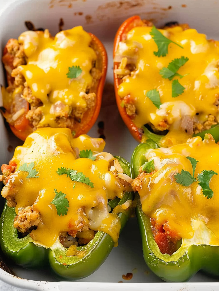 Chicken stuffed peppers arranged in a baking dish