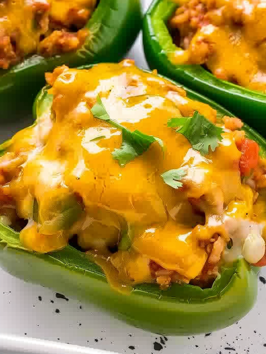 Close up of melted Colby Jack cheese on stuffed pepper