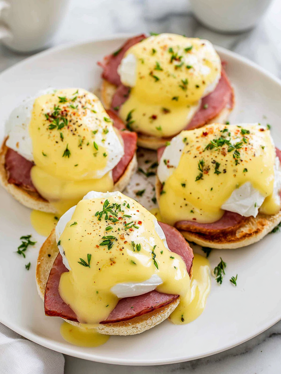 Plate of Eggs Benedict with hollandaise sauce