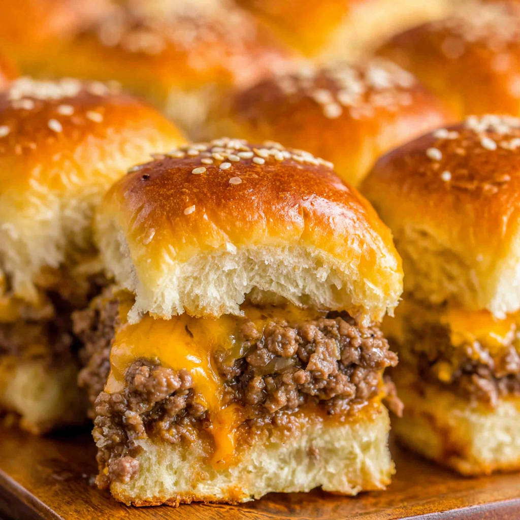 Close-up of cheeseburger slider layers with melted cheddar and onion beef