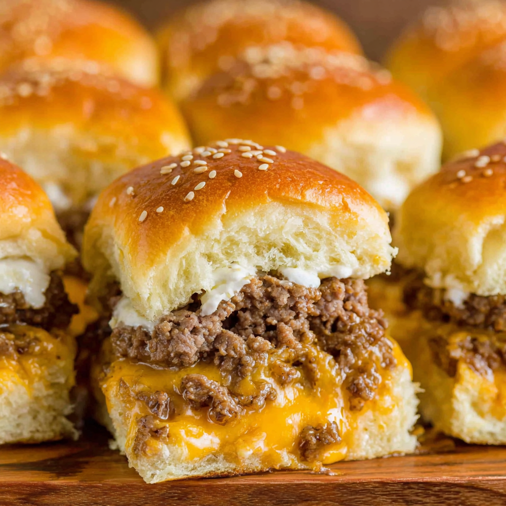 Tray of cheeseburger sliders being pulled apart with stretchy melted cheese