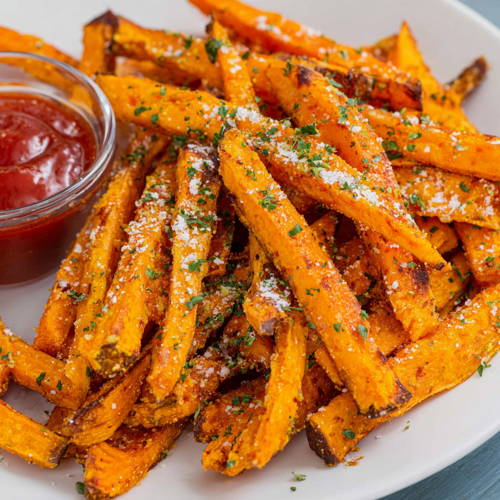 Air fryer basket filled with seasoned sweet potato fries