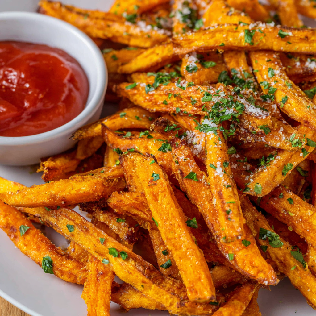 Plated sweet potato fries with cilantro garnish and dipping sauce