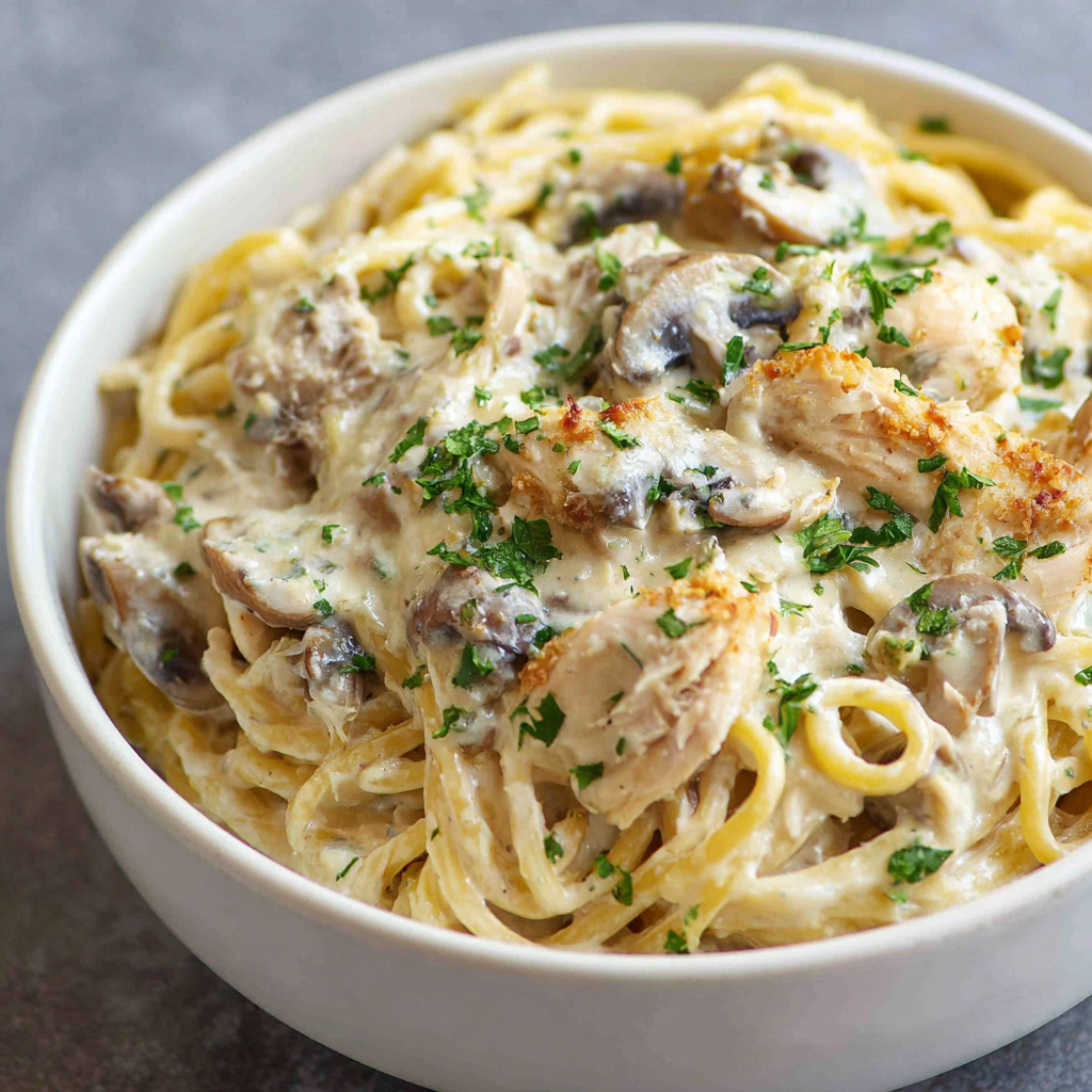 Serving Chicken Tetrazzini with parsley and salad on the side
