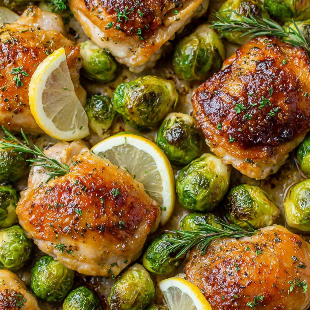 Close-up of crispy chicken skin and caramelized Brussels sprouts