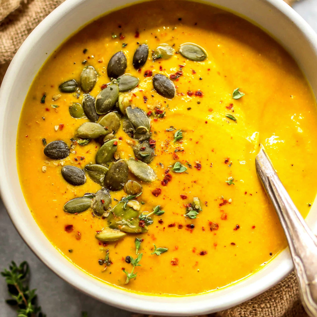 Bowl of pumpkin carrot soup with pumpkin seeds and chili flakes on top