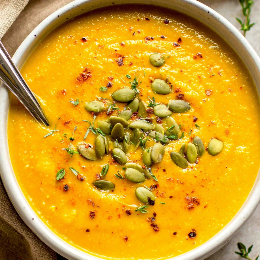 Ladle pouring creamy pumpkin carrot soup into bowls on a wooden board