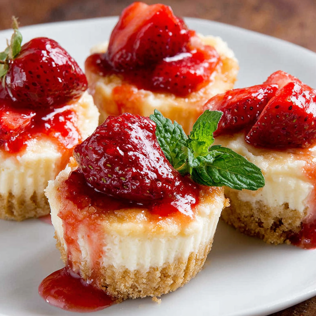 Close-up of strawberry topping dripping over mini cheesecakes