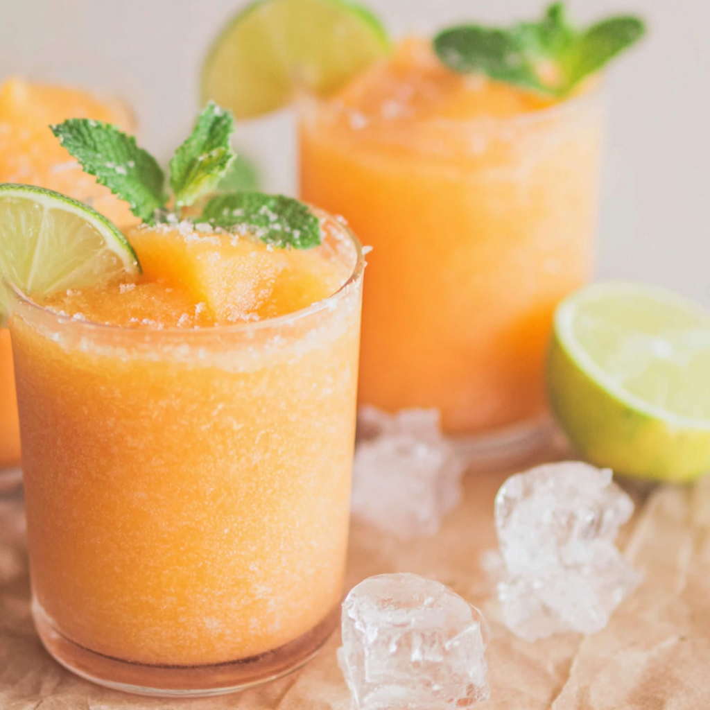 Frozen cantaloupe cubes and mint syrup setup