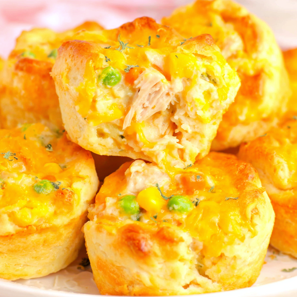 Close-up of creamy chicken filling inside a mini pot pie
