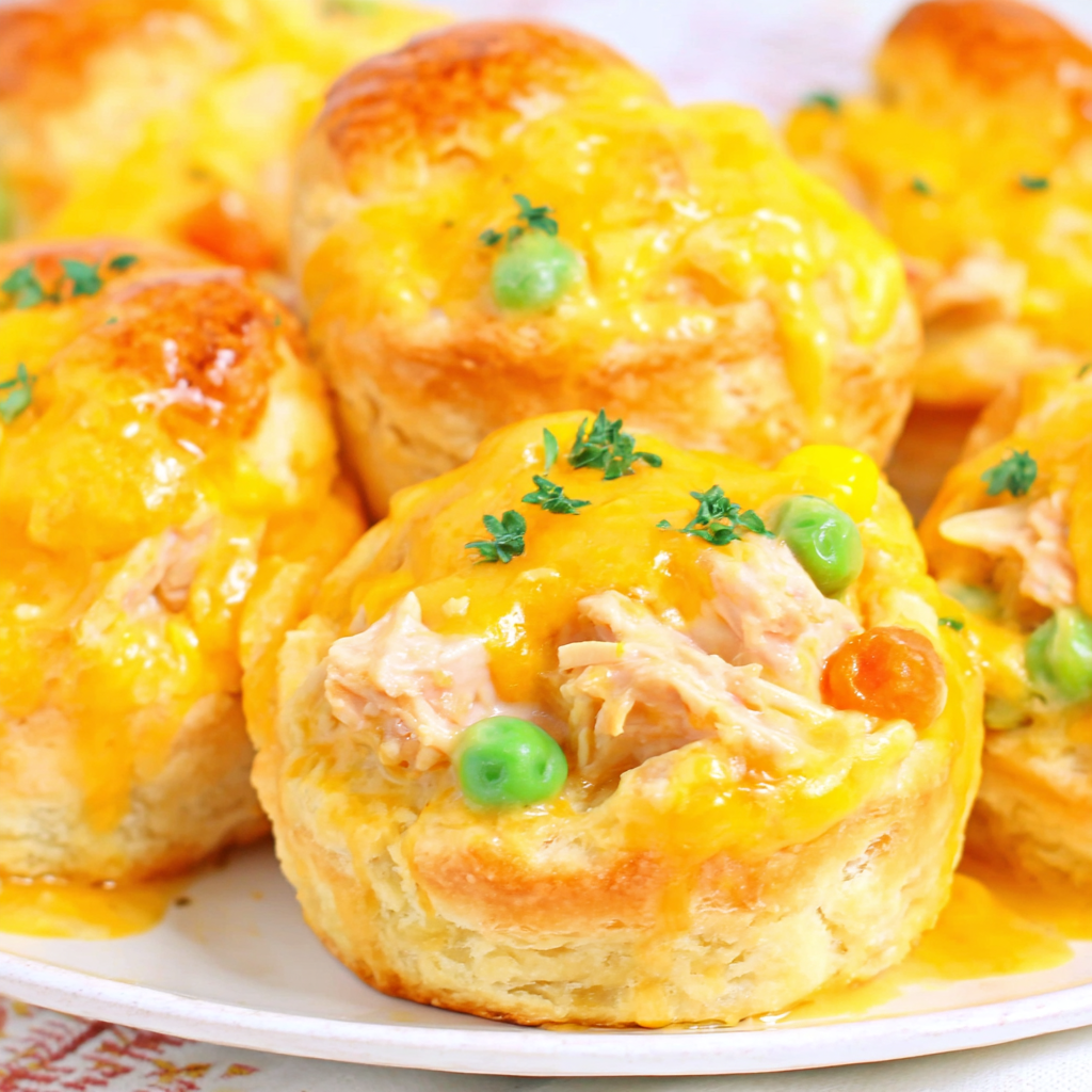 Muffin tin filled with ready-to-bake biscuit cups and creamy chicken filling