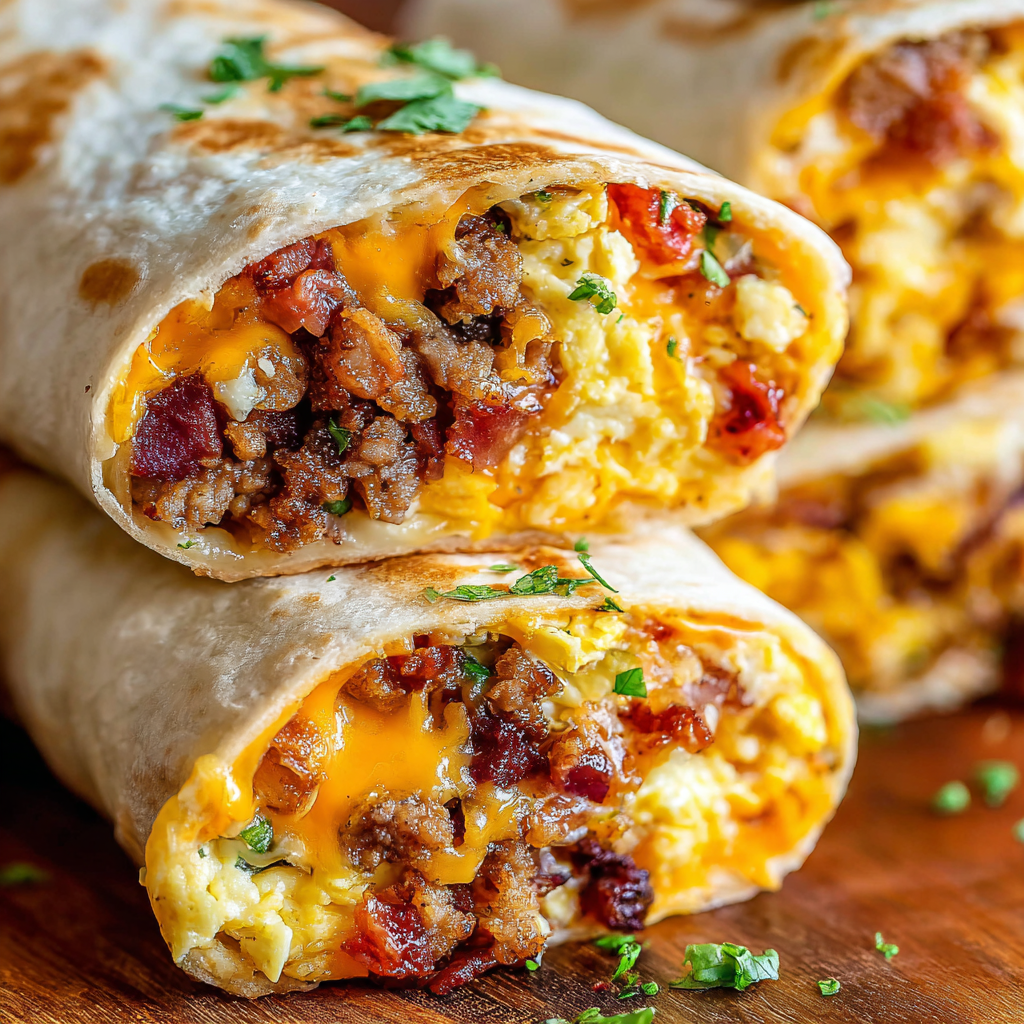 Ingredients for breakfast burritos arranged on a counter